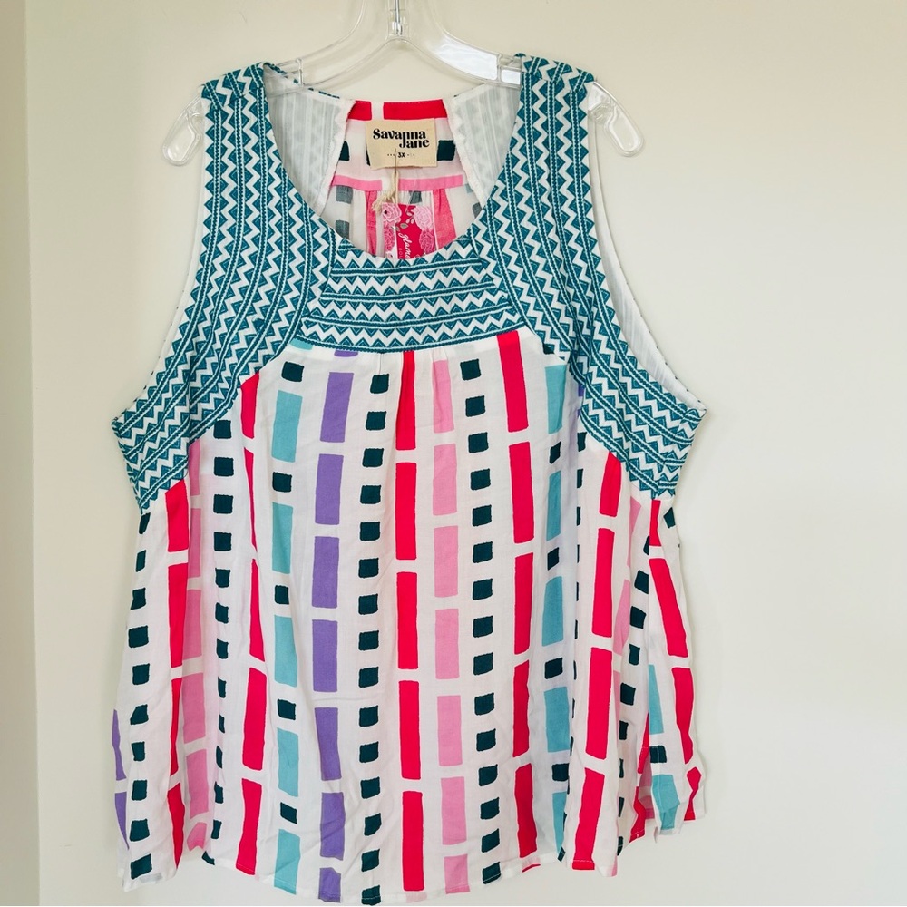 Savanna Jane Blouse Top Womens 3X  Striped Print Embroidered Sleeveless Boho
